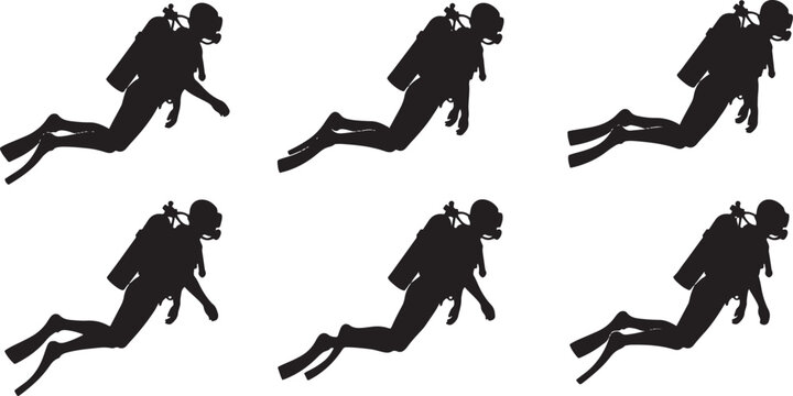 Underwater diver silhouettes, scuba divers in various swimming poses vector graphics on transparent background.