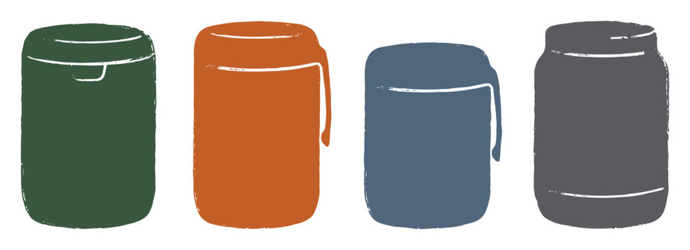 Illustrated bear canister set in four colors, durable food storage containers for backpacking, wilderness expeditions, and outdoor gear guides