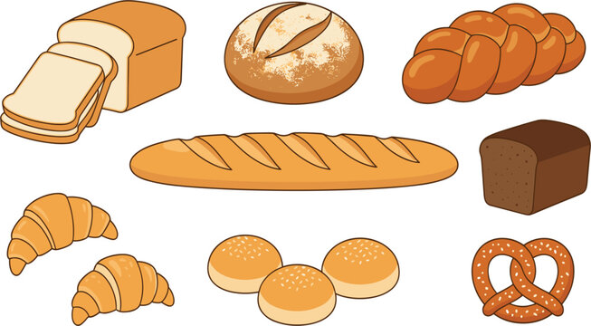 Fresh Artisan Bakery Bread Icon Set with French Baguette, Sliced White Bread, Croissants, Challah, and Pretzel for Bakery Shop Menu Designs