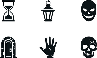 Collection of black Halloween icons on white background including hourglass lantern mask hand skull © Kahima