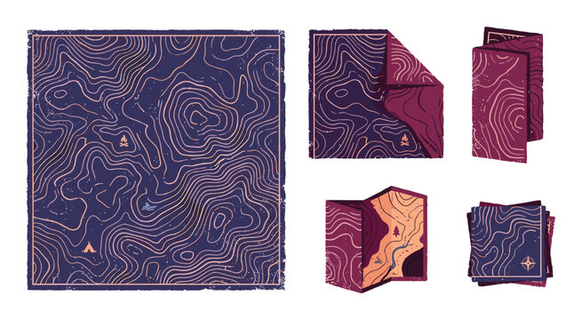 Illustrated topographic maps with contour lines and camping symbols, distressed texture for wilderness navigation, outdoor adventure planning