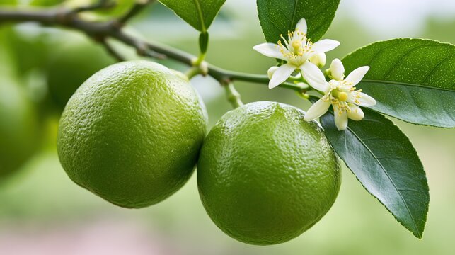 Close-up of vibrant green limes growing on a tree branch with delicate blossoms