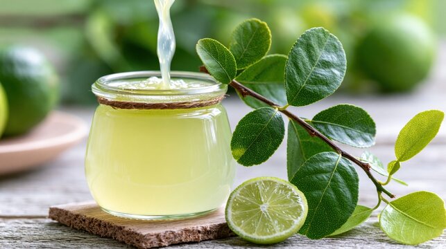 Fresh lime juice being poured into a glass jar with whole and sliced limes