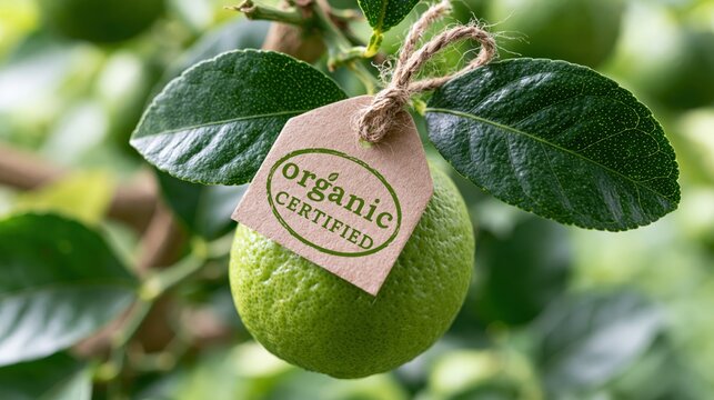Close-up of a ripe lime on a tree branch with an organic certified tag