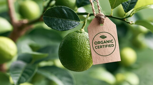 Close-up of a single organic certified lime hanging on a tree branch