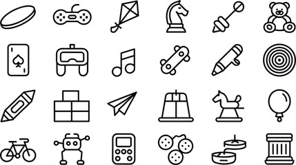 Black outline icons set representing various children toys gaming elements entertainment objects and leisure activities for kids © MSTRAZINA