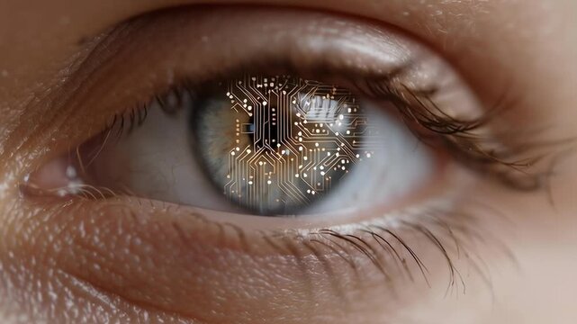 Human eye close-up, softly focused. Iris glows with circuit patterns, futuristic design. Gentle eyelashes frame the gaze, natural texture. Soothed, curious expression, no visible emotion