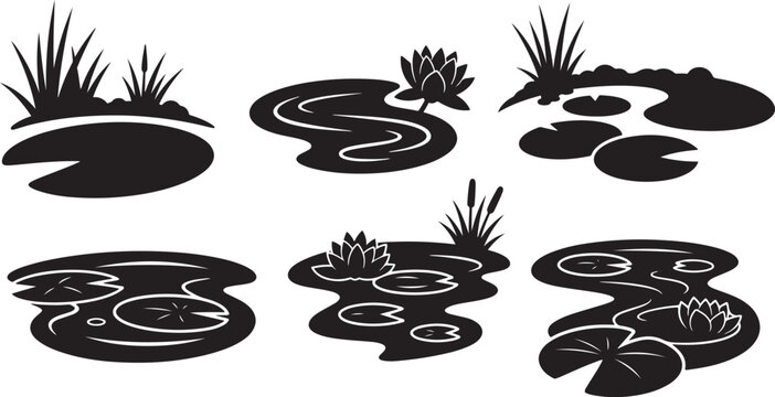 Water lily and lotus pond silhouette set featuring floating leaves and aquatic plants in swamp garden scenes.