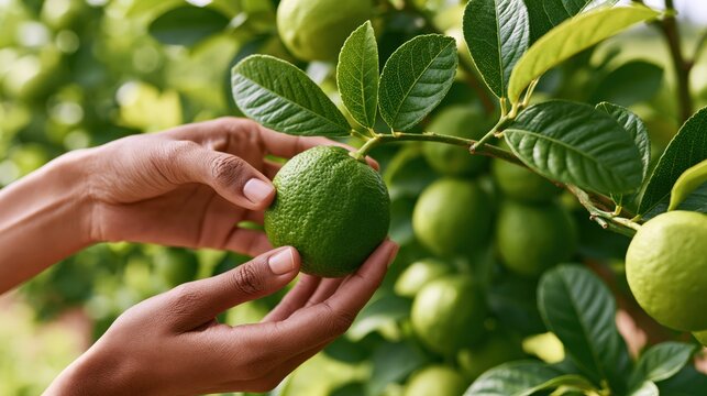 Hands picking a ripe lime from a tree during a summer harvest