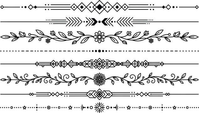 A collection of eight distinct decorative horizontal text dividers featuring a mix of geometric shapes, floral motifs, and intricate minimalist line art elements.