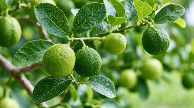 Green key limes growing on a tree branch with lush leaves in a garden
