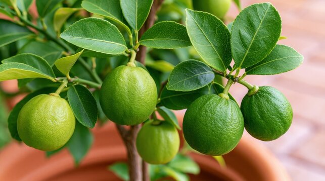 Green key limes growing on a small tree in a terracotta pot