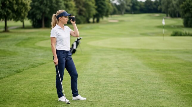 Quiet pre-shot moment highlights focus, course management and accuracy as female golfer evaluates distance before controlled swing on manicured fairway.