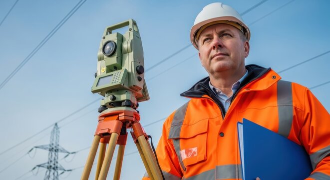 Professional Land Surveyor in High-Visibility Vest and Hard Hat Working with Total Station Near Power Lines