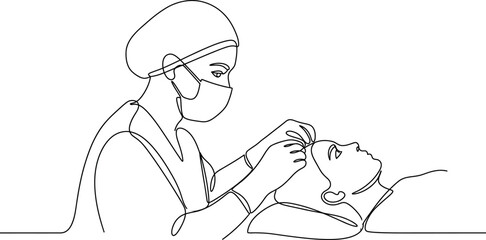 A minimalist single continuous line drawing of a professional dermatologist providing a facial skin treatment to a relaxed client lying down indoors © RAC.Design-Magic