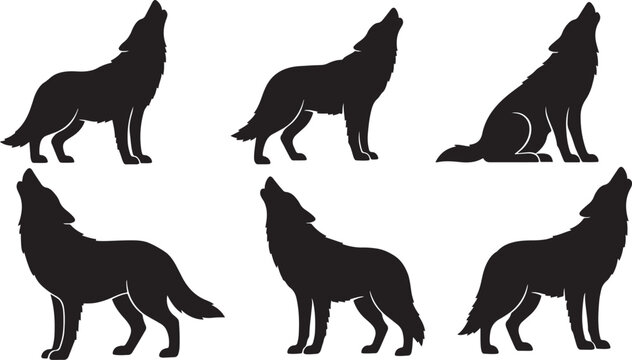 Wolf howling silhouettes set wild animals forest creatures nature wildlife predator pack.