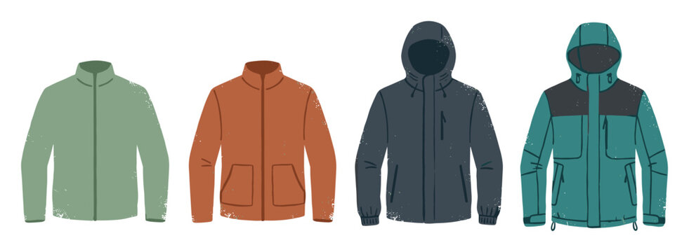 Set of four illustrated outdoor jackets: light green fleece, burnt orange casual, dark grey hooded, and teal technical shell
