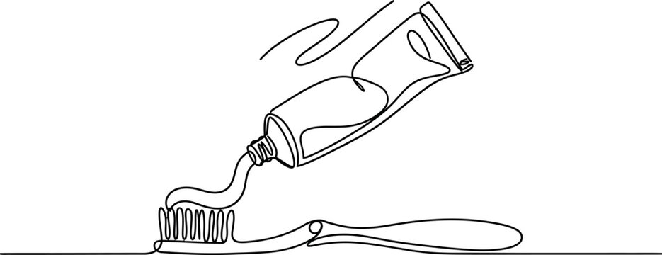 A minimalist single continuous line drawing of a toothbrush being squeezed with fresh toothpaste from a tube