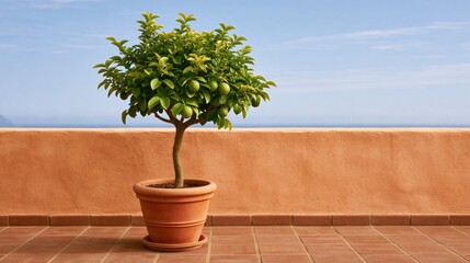 Fototapeta premium Potted lime tree with green fruit on a terrace overlooking the sea