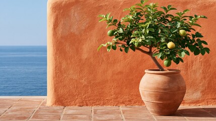 Fototapeta premium Potted lime tree with fruit on a terracotta terrace overlooking the sea