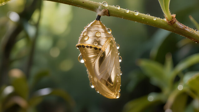 Macro shot of a shiny golden chrysalis cocoon curved in a C-shape hanging on a branch with dew drops