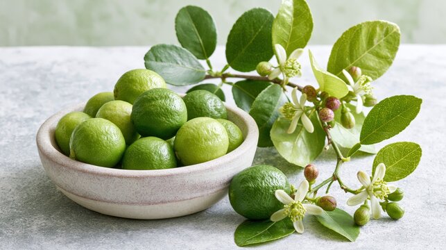 Fresh limes in a bowl with a branch of lime tree blossoms and leaves