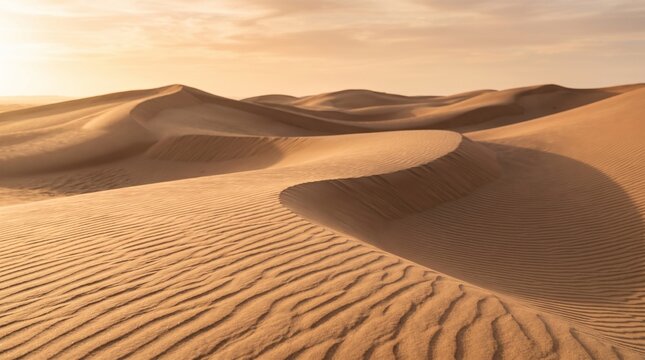 Serene rolling sand dunes with wind ripples under a warm golden sunset sky in the desert