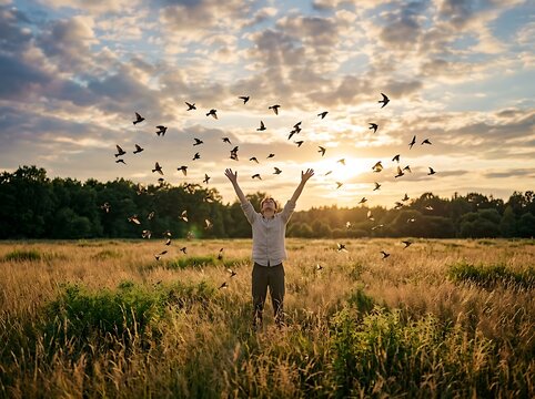 Person standing in a golden field with arms raised as birds fly around during sunset time