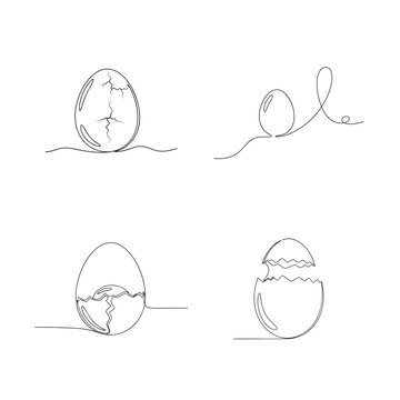 Set of 4 egg vector illustration in continuous line art drawing style. Cracked egg abstract art.
