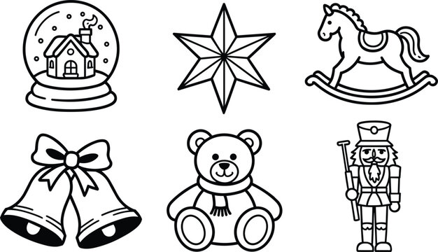 Christmas vintage toys line art icon set featuring snow globe star rocking horse bells teddy bear and nutcracker