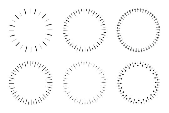 Vector illustration of dashed circles in black and white, featuring radial lines and varying styles for abstract design elements, clock faces