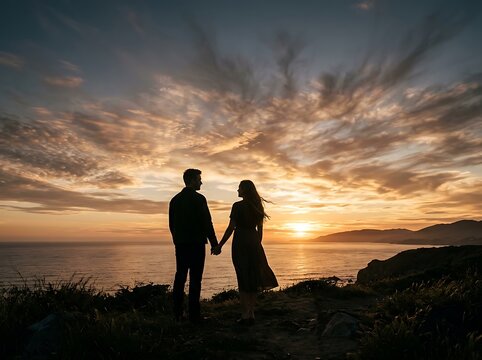 Romantic couple holding hands at sunset by the ocean with dramatic sky and peaceful waves
