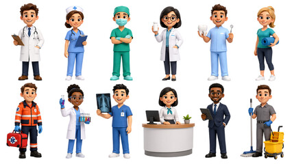 Fototapeta premium Diverse 3D Healthcare Staff Character Set with Doctors Nurses Dentist Surgeon and Medical Workers Isolated on White Background