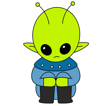 Cute green alien with big black eyes