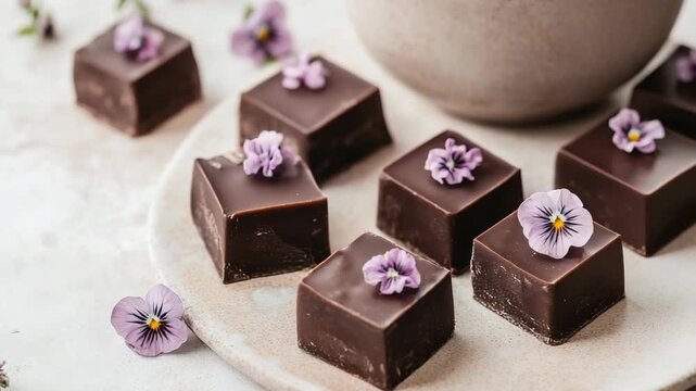 Some homemade chocolates are arranged on a plate. Fresh flowers are placed on top of the chocolates. The setting is a simple kitchen with natural light