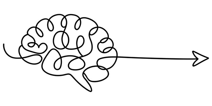 Continuous line drawing of a human brain with an arrow pointing forward