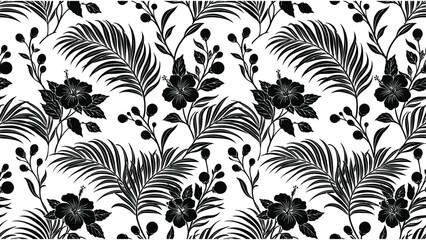 Black and white tropical floral pattern with leaves and blossoms on white background © Mahraz