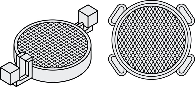 Technical engineering components with mesh grid pattern for industrial design and blueprint illustrations