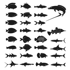 Large set of black fish and marine life silhouettes, featuring a wide variety of species for ocean-themed designs, logos, and educational content. © Monira