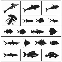 Composition of isolated black silhouette marine life: fish, sharks, skeleton fish, and jellyfish creature, on a simple backdrop. © Monira