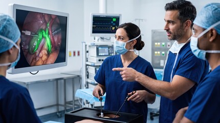 Fototapeta premium Surgeons using robotic laparoscopic technology in operating theater. Medical team performing minimally invasive surgery with monitor display. Innovative healthcare diagnostic equipment.