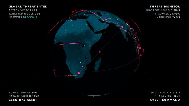 Dynamic drift capturing a cyber warfare globe featuring a glowing cyan and magenta digital earth with threat vectors inside a global trade routes and cyber traffic, panoramic view.