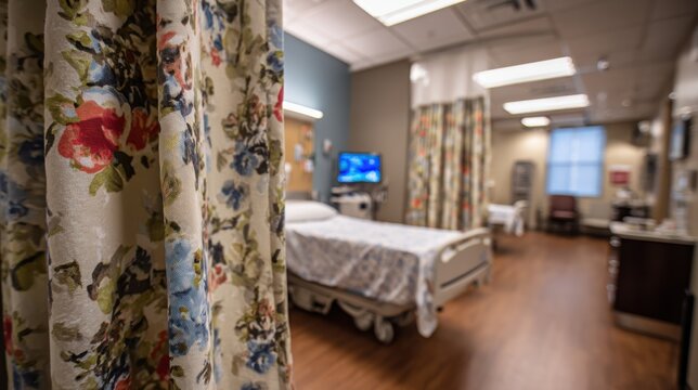 Blurred multiple curtainseparated preop bays in the background with one bay in crisp focus showing a neatly arranged bed and monitor under warm artificial lighting.