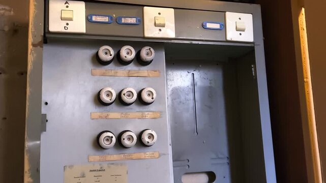 Vintage electrical fuse box with ceramic screw-in fuses on an old wall
