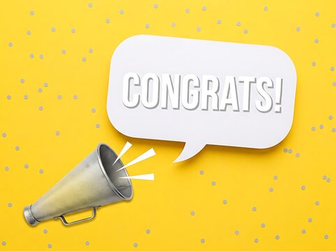 Silver megaphone announcing congratulations in a colorful speech bubble celebration design concept