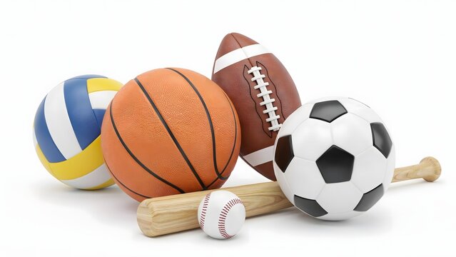 Various sports balls including soccer, basketball, football, and baseball on white background