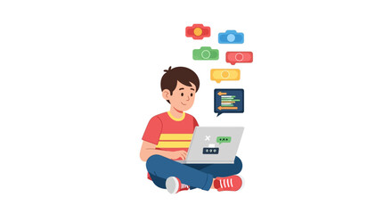 Fototapeta premium Young Boy Learning Coding and Software Development on Laptop Illustration - STEM Education and Digital Literacy Concept