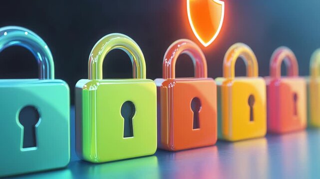 Colorful locks are displayed in a line on a table. A shield icon appears above the locks, showing a focus on security and protection. This highlights the importance of safety
