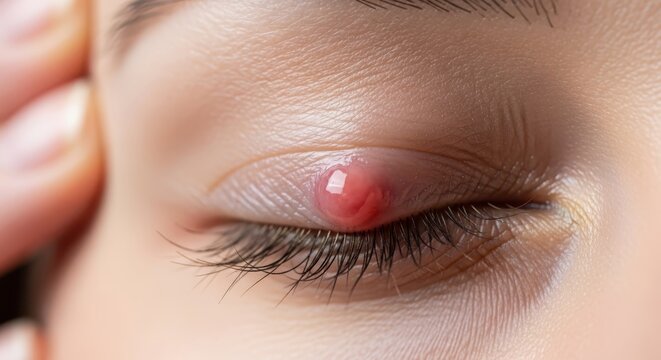 Close-up of a human eye with a red stye or chalazion on the upper eyelid, showing inflammation and infection.