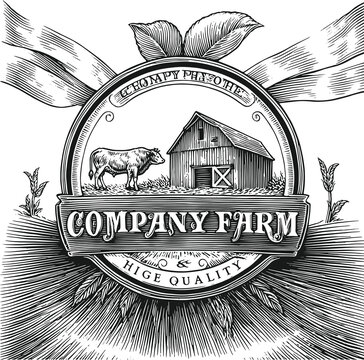 Vintage Farmhouse and Cow Medallion Logo Template with Ribbon and Leaves